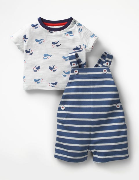 Sommerliches Latzhosen-Set Aus Jersey - Lagunenblau/Weiß, Gestreift Sommerliches Latzhosen-Set Aus Jersey - Lagunenblau/Weiß, Gestreift