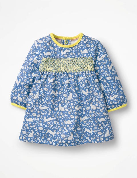 Smocked Jersey Dress - Elizabethan Blue Wild Bunnies Smocked Jersey Dress - Elizabethan Blue Wild Bunnies