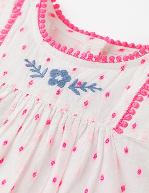 Embroidered Detail Dress - Ivory Dobby Elephants Embroidered Detail Dress - Ivory Dobby Elephants