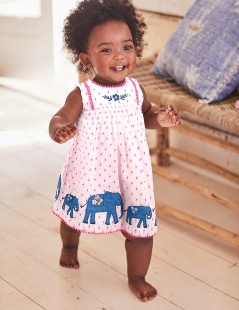 Embroidered Detail Dress - Ivory Dobby Elephants Embroidered Detail Dress - Ivory Dobby Elephants