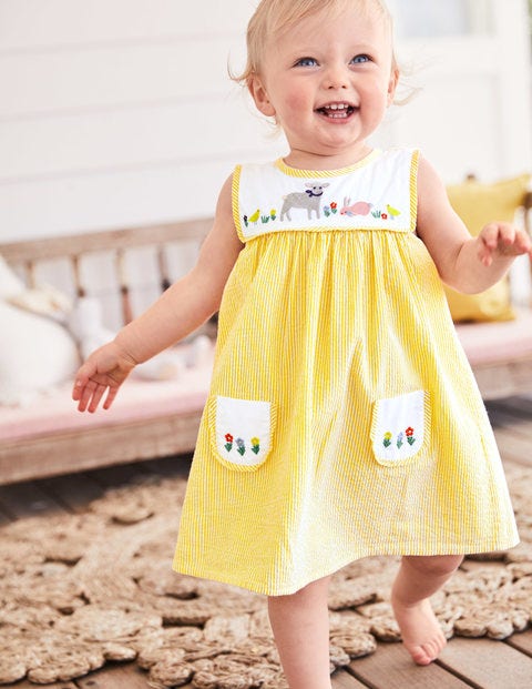 Detailed Woven Dress - Sweetcorn Lamb Ticking Detailed Woven Dress - Sweetcorn Lamb Ticking