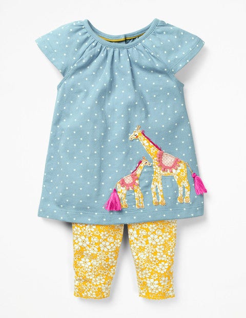 Big Animal Appliqué Dress Set - Mineral Blue Giraffes Big Animal Appliqué Dress Set - Mineral Blue Giraffes
