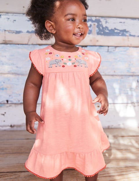 Jungle Embroidered Dress - Shell Pink Elephants Jungle Embroidered Dress - Shell Pink Elephants