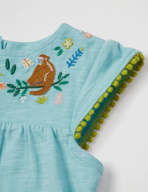 Jungle Embroidered Dress - Mineral Blue Monkeys Jungle Embroidered Dress - Mineral Blue Monkeys