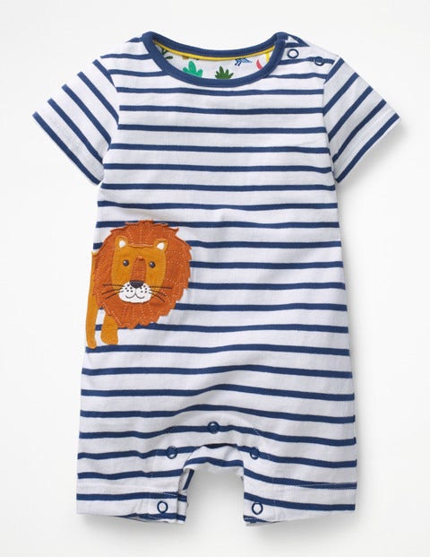 Animal Jersey Romper - White/Lagoon Blue Lion Animal Jersey Romper - White/Lagoon Blue Lion