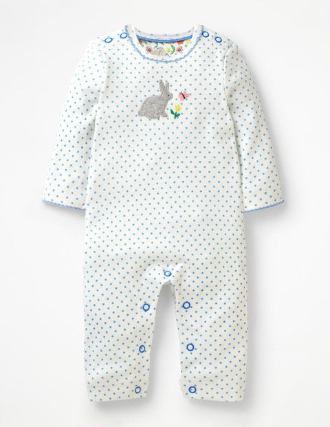 Bunnies Appliqué Romper - Ivory/Light Sky Blue Pin Spot Bunnies Appliqué Romper - Ivory/Light Sky Blue Pin Spot