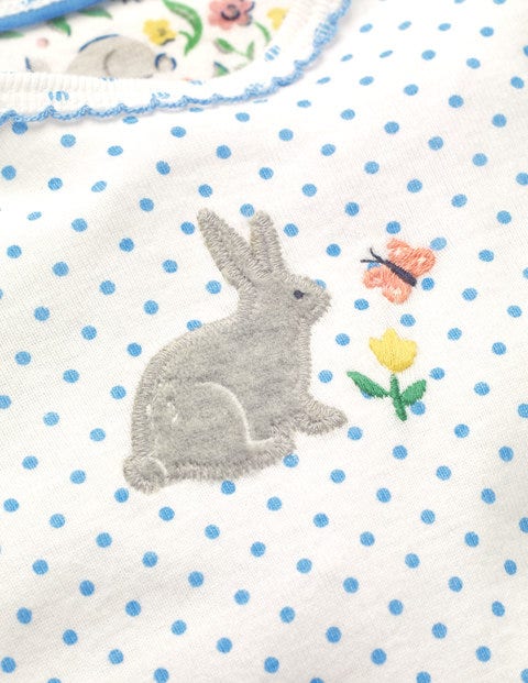 Bunnies Appliqué Romper - Ivory/Light Sky Blue Pin Spot Bunnies Appliqué Romper - Ivory/Light Sky Blue Pin Spot