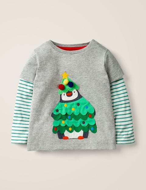 Festive Appliqué T-Shirt - Grey Marl Penguin Tree Festive Appliqué T-Shirt - Grey Marl Penguin Tree