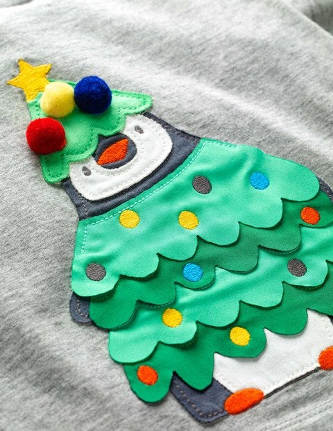 Festive Appliqué T-Shirt - Grey Marl Penguin Tree Festive Appliqué T-Shirt - Grey Marl Penguin Tree