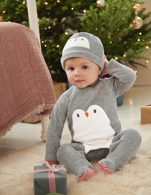 Ensemble Grenouillère Et Bonnet Fantaisie - Pingouin gris argile Ensemble Grenouillère Et Bonnet Fantaisie - Pingouin gris argile