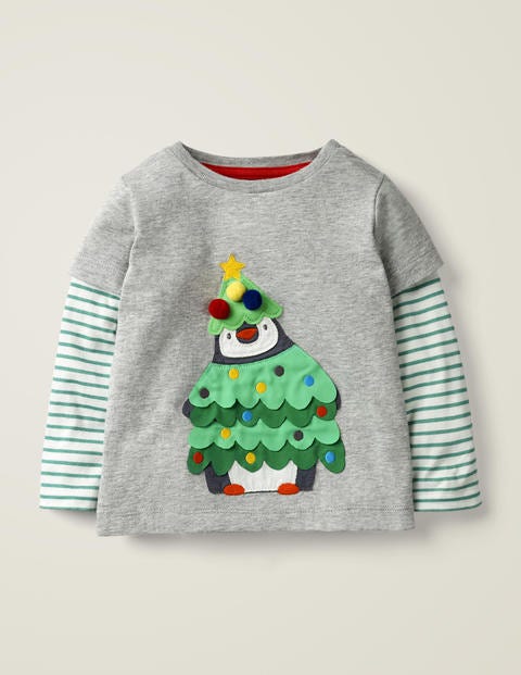 Festive Appliqué T-Shirt - Grey Marl Penguin Tree Festive Appliqué T-Shirt - Grey Marl Penguin Tree