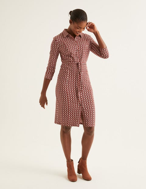 Tara Hemdblusenkleid Aus Jersey - Kastanienbraun, Geometrisches Blütenmuster Tara Hemdblusenkleid Aus Jersey - Kastanienbraun, Geometrisches Blütenmuster