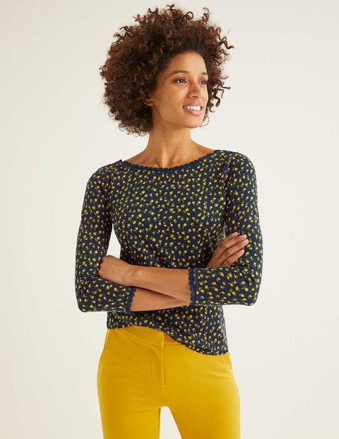 Ottilie Scoop Back Jersey Top - Navy and Saffron, Ditsy Petal Ottilie Scoop Back Jersey Top - Navy and Saffron, Ditsy Petal