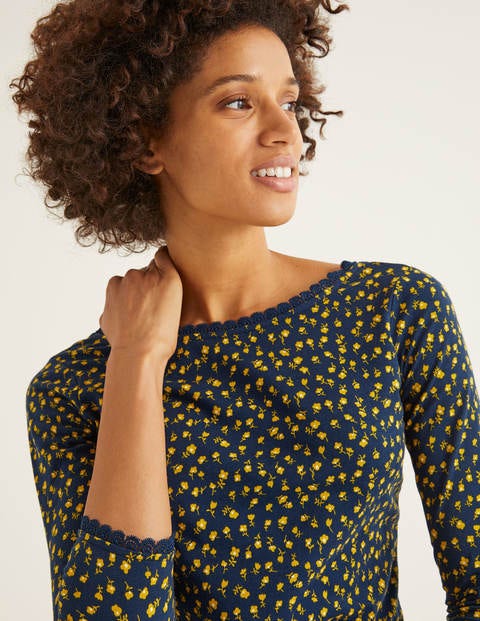 Ottilie Scoop Back Jersey Top - Navy and Saffron, Ditsy Petal Ottilie Scoop Back Jersey Top - Navy and Saffron, Ditsy Petal