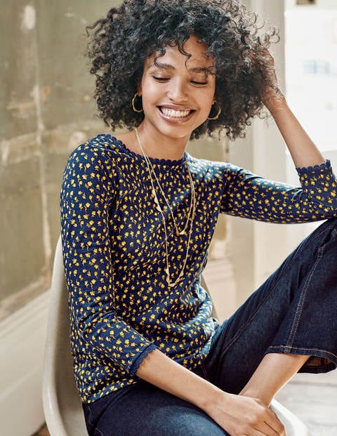 Ottilie Scoop Back Jersey Top - Navy and Saffron, Ditsy Petal Ottilie Scoop Back Jersey Top - Navy and Saffron, Ditsy Petal