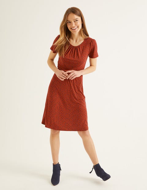 Evangeline Jerseykleid - Kastanienbraun, Kleine Blüten Evangeline Jerseykleid - Kastanienbraun, Kleine Blüten