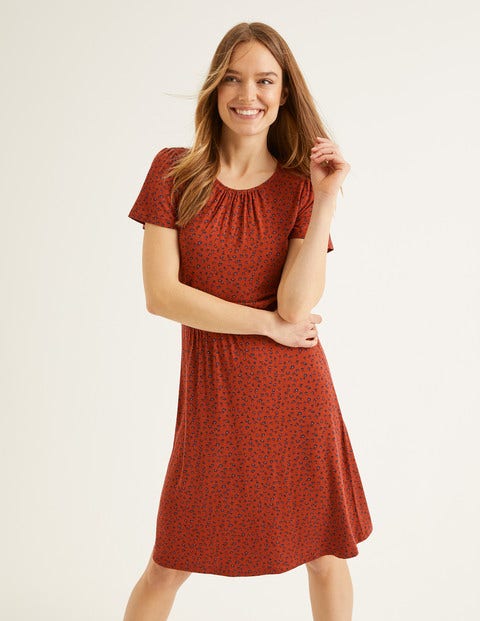 Evangeline Jerseykleid - Kastanienbraun, Kleine Blüten Evangeline Jerseykleid - Kastanienbraun, Kleine Blüten
