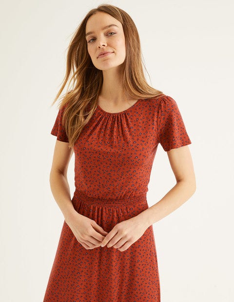 Evangeline Jerseykleid - Kastanienbraun, Kleine Blüten Evangeline Jerseykleid - Kastanienbraun, Kleine Blüten