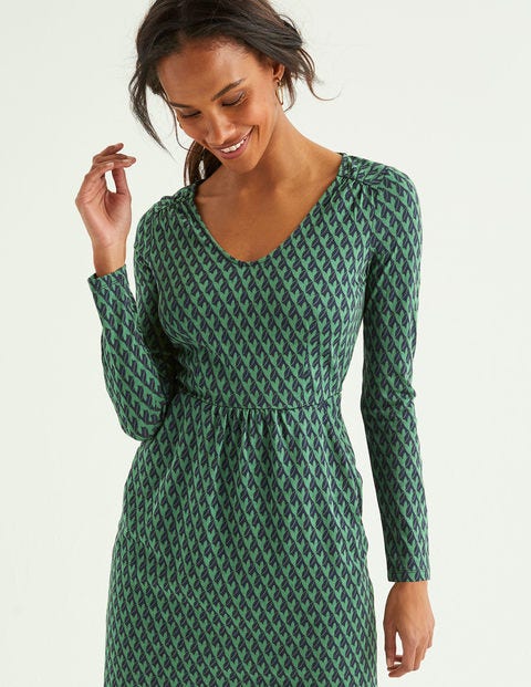 Romilly Jersey-Kleid - Ackerbohnengrün, Geometrisches Blattmuster Romilly Jersey-Kleid - Ackerbohnengrün, Geometrisches Blattmuster