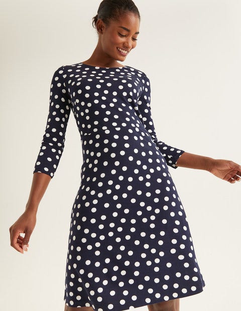 Theodora Ponte Dress - French Navy, Brand Polka Dot Theodora Ponte Dress - French Navy, Brand Polka Dot