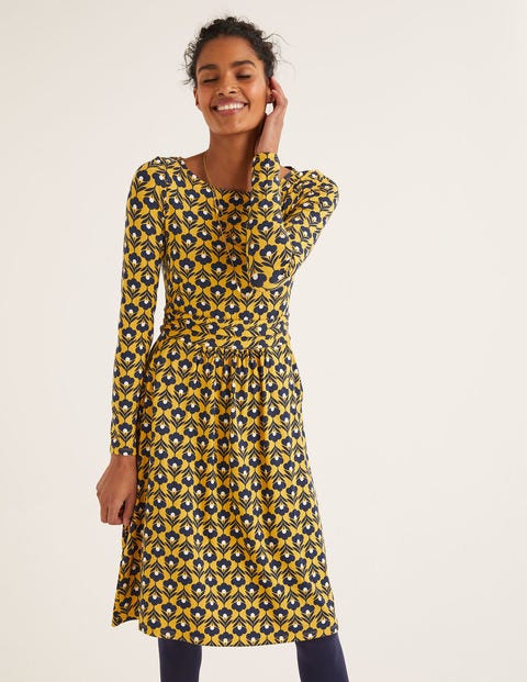 Abigail Jerseykleid - Safrangelb und Naturweiß, Blütenköpfe Abigail Jerseykleid - Safrangelb und Naturweiß, Blütenköpfe