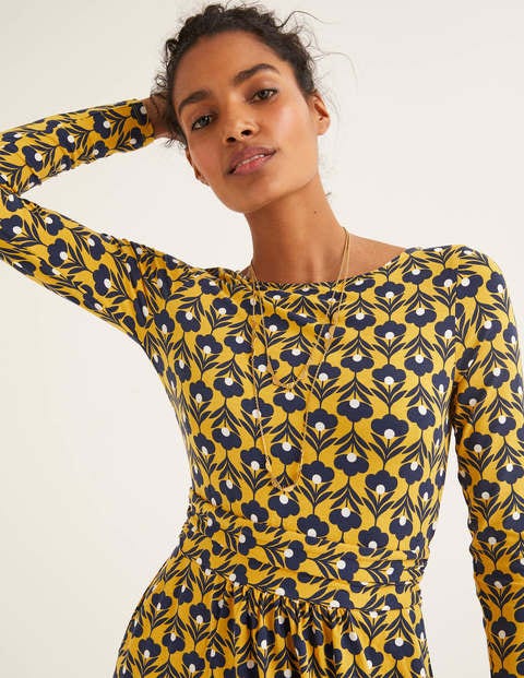 Abigail Jerseykleid - Safrangelb und Naturweiß, Blütenköpfe Abigail Jerseykleid - Safrangelb und Naturweiß, Blütenköpfe