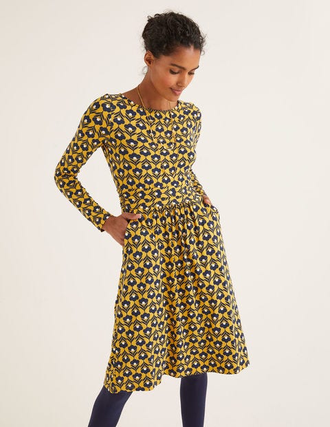 Abigail Jerseykleid - Safrangelb und Naturweiß, Blütenköpfe Abigail Jerseykleid - Safrangelb und Naturweiß, Blütenköpfe