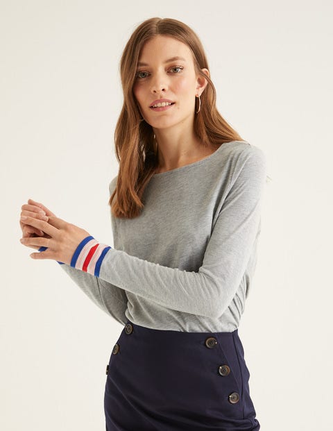 T-Shirt Mit Gestreiften Bündchen - Grau Meliert/Bunt T-Shirt Mit Gestreiften Bündchen - Grau Meliert/Bunt