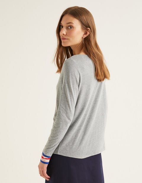 T-Shirt Mit Gestreiften Bündchen - Grau Meliert/Bunt T-Shirt Mit Gestreiften Bündchen - Grau Meliert/Bunt