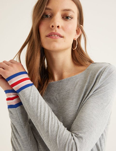 T-Shirt Mit Gestreiften Bündchen - Grau Meliert/Bunt T-Shirt Mit Gestreiften Bündchen - Grau Meliert/Bunt