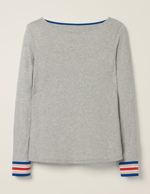T-Shirt Mit Gestreiften Bündchen - Grau Meliert/Bunt T-Shirt Mit Gestreiften Bündchen - Grau Meliert/Bunt