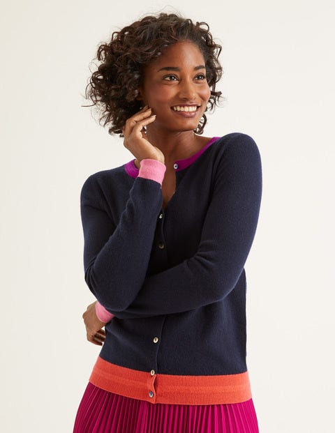 Kaschmircardigan mit Rundhalsausschnitt - Navy/Bunt, Blockfarben Kaschmircardigan mit Rundhalsausschnitt - Navy/Bunt, Blockfarben