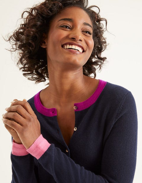 Cashmere Crew Cardigan - Navy Colourblock Cashmere Crew Cardigan - Navy Colourblock