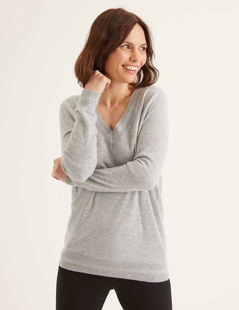 Cashmere Relaxed V-Neck Jumper - Grey Melange Cashmere Relaxed V-Neck Jumper - Grey Melange
