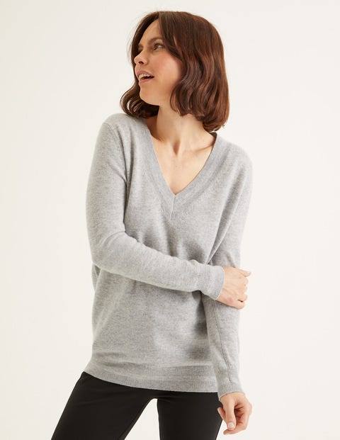 Cashmere Relaxed V-Neck Jumper - Grey Melange Cashmere Relaxed V-Neck Jumper - Grey Melange