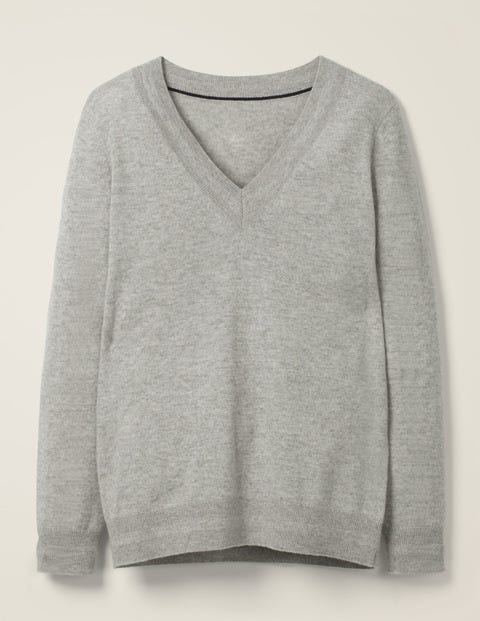 Cashmere Relaxed V-Neck Jumper - Grey Melange Cashmere Relaxed V-Neck Jumper - Grey Melange