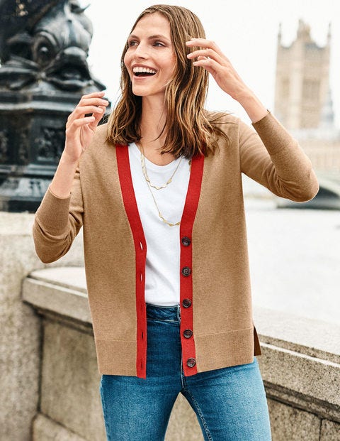 Heidi Sparkle Trim Cardigan - Camel/Post Box Red Lurex Heidi Sparkle Trim Cardigan - Camel/Post Box Red Lurex