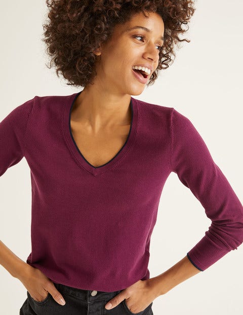 Elina V-Neck Jumper - Ruby Ring/Navy Tipping Elina V-Neck Jumper - Ruby Ring/Navy Tipping