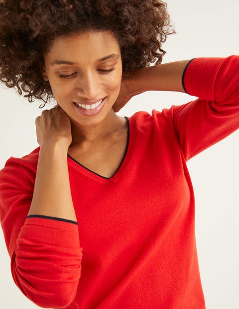 Elina V-Neck Jumper - Postbox Red/Navy Tipping Elina V-Neck Jumper - Postbox Red/Navy Tipping