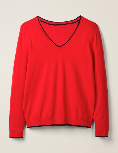 Elina V-Neck Jumper - Postbox Red/Navy Tipping Elina V-Neck Jumper - Postbox Red/Navy Tipping