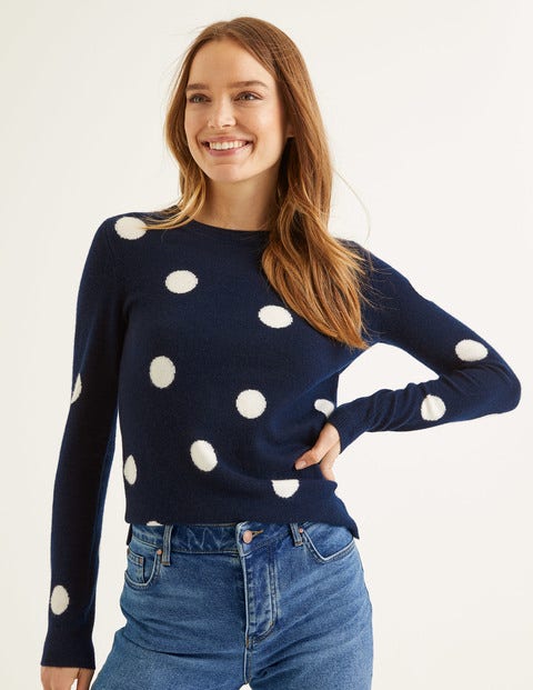 Pull Col Rond En Cachemire - Pois bleu marine/ivoire Pull Col Rond En Cachemire - Pois bleu marine/ivoire