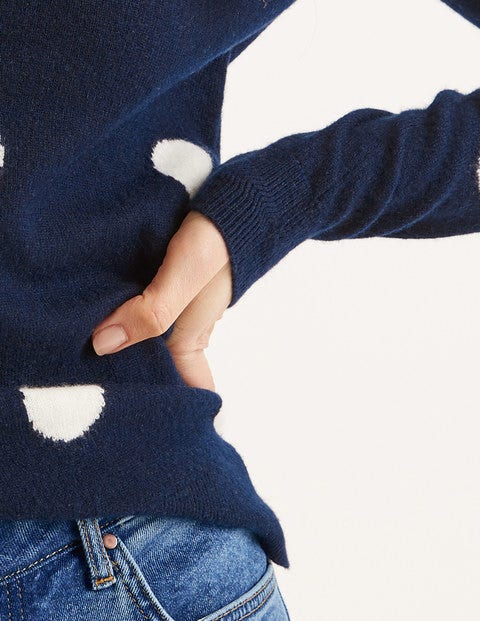 Pull Col Rond En Cachemire - Pois bleu marine/ivoire Pull Col Rond En Cachemire - Pois bleu marine/ivoire