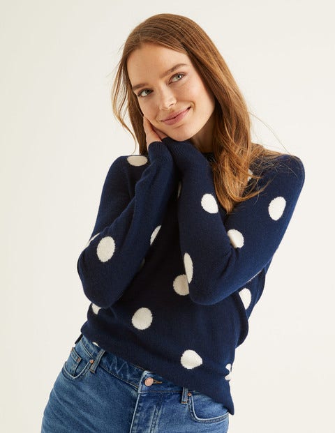Pull Col Rond En Cachemire - Pois bleu marine/ivoire Pull Col Rond En Cachemire - Pois bleu marine/ivoire