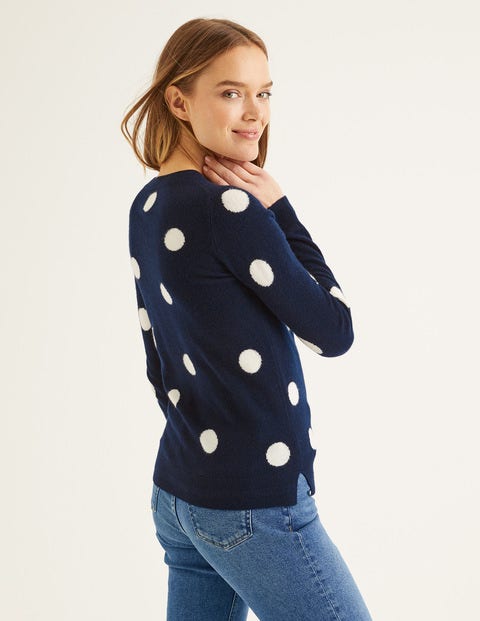 Pull Col Rond En Cachemire - Pois bleu marine/ivoire Pull Col Rond En Cachemire - Pois bleu marine/ivoire