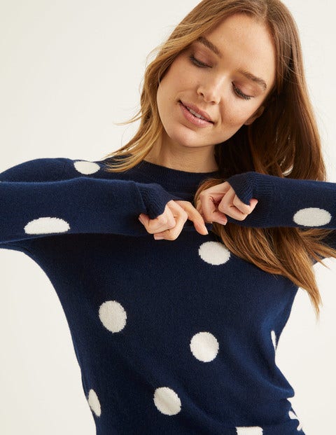 Pull Col Rond En Cachemire - Pois bleu marine/ivoire Pull Col Rond En Cachemire - Pois bleu marine/ivoire