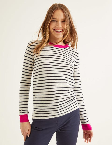 Cashmere Crew Neck Jumper - Ivory/Pop Pansy Multi Stripe Cashmere Crew Neck Jumper - Ivory/Pop Pansy Multi Stripe