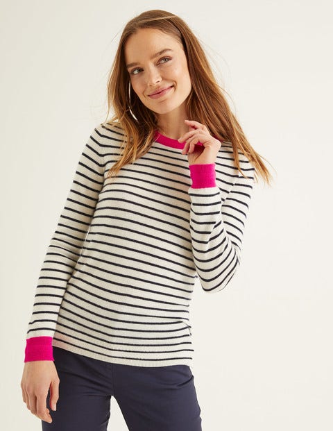 Cashmere Crew Neck Jumper - Ivory/Pop Pansy Multi Stripe Cashmere Crew Neck Jumper - Ivory/Pop Pansy Multi Stripe