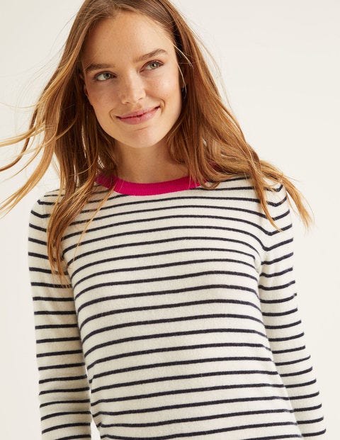 Cashmere Crew Neck Jumper - Ivory/Pop Pansy Multi Stripe Cashmere Crew Neck Jumper - Ivory/Pop Pansy Multi Stripe