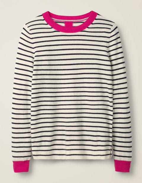 Cashmere Crew Neck Jumper - Ivory/Pop Pansy Multi Stripe Cashmere Crew Neck Jumper - Ivory/Pop Pansy Multi Stripe