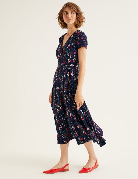 Natasha Midi-Wickelkleid - Französisches Navy, Skurrile Vögel Natasha Midi-Wickelkleid - Französisches Navy, Skurrile Vögel